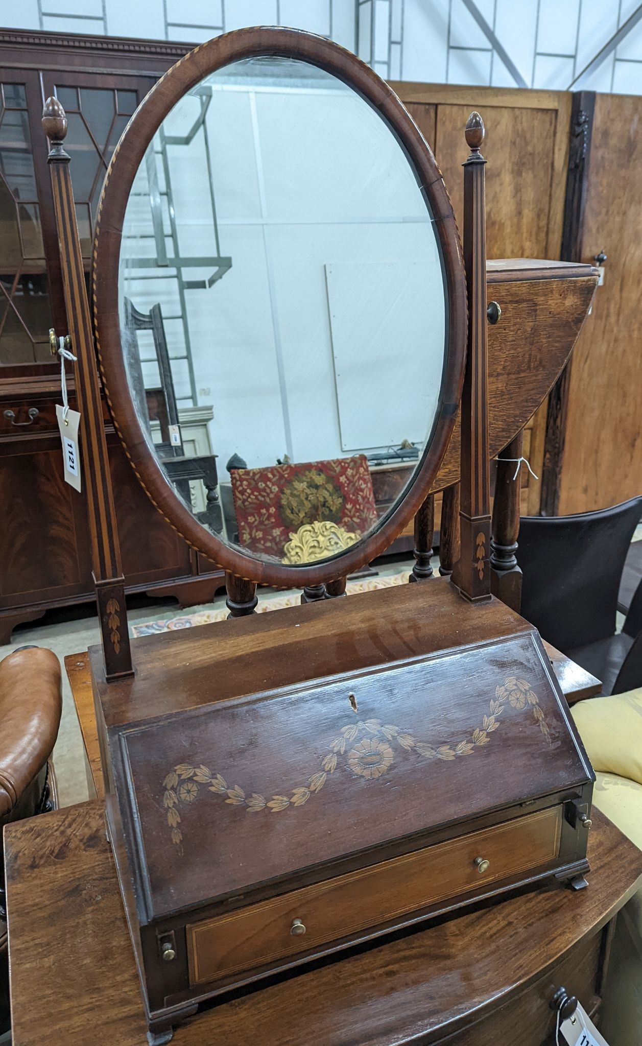 An Edwardian style inlaid mahogany toilet mirror / bureau, width 42cm, depth 25cm, height 76cm